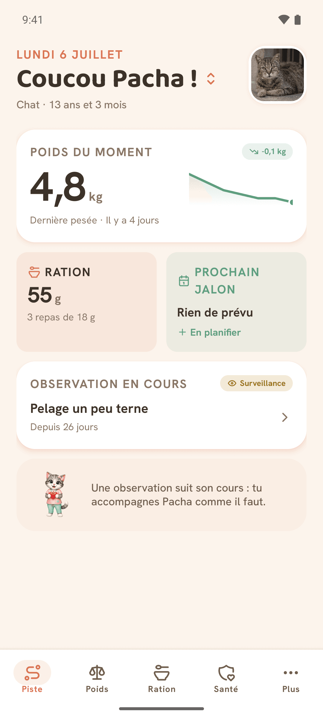 Écran d'accueil d'Animoa : poids, ration et observation du jour en un coup d'œil.